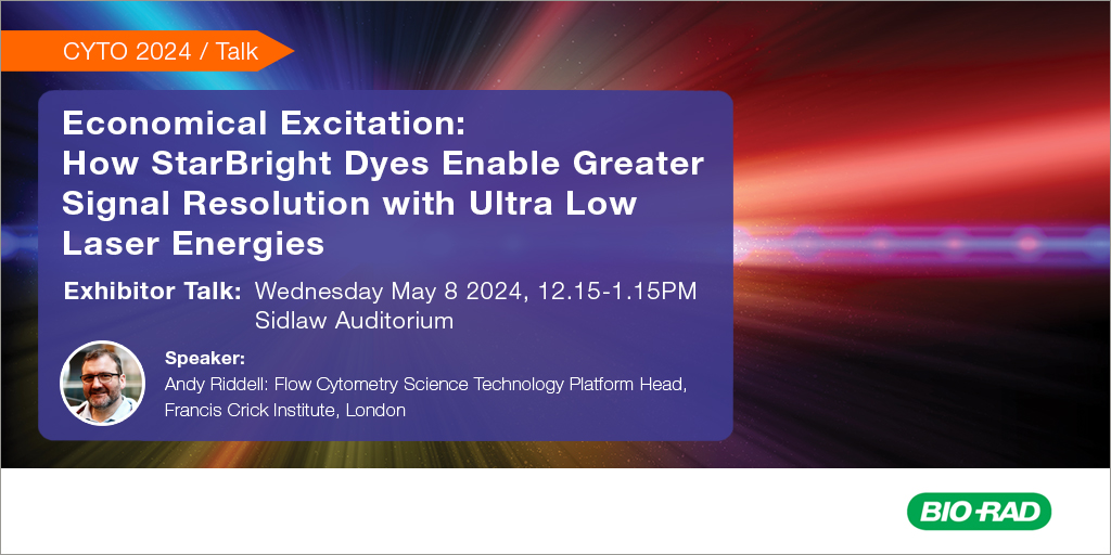 Join our talk at #CYTO2024 today to learn how StarBright Dyes enable greater signal resolution with ultra low laser energies. cytoconference.org

#FlowCytometry #Antibodies
