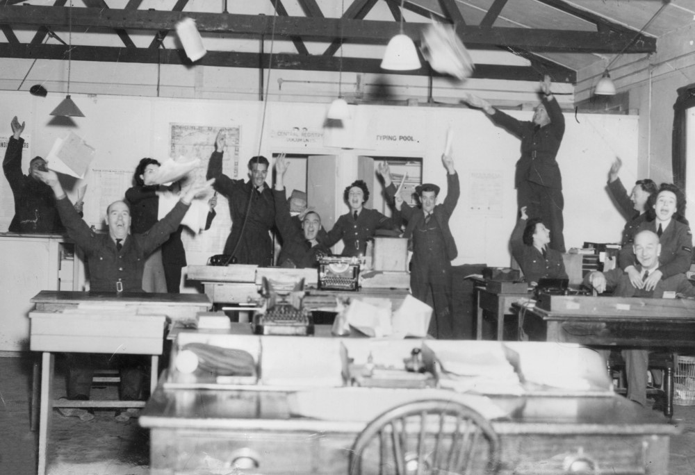 On this day 79 years ago, Victory in Europe. Station personnel at RAF Andover in Hampshire celebrate hearing the news that war in Europe is over. #VEday