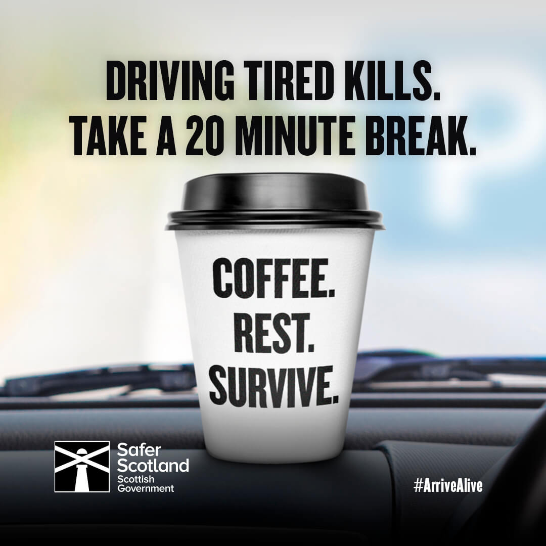 Many believe that when driving tired opening a window, pinching yourself, or turning up the radio help to keep you awake – they don’t. ❌ If you feel tired while driving, take a 20-minute break. ☕ #ArriveAlive @trafficscotland @roadsafetyscot