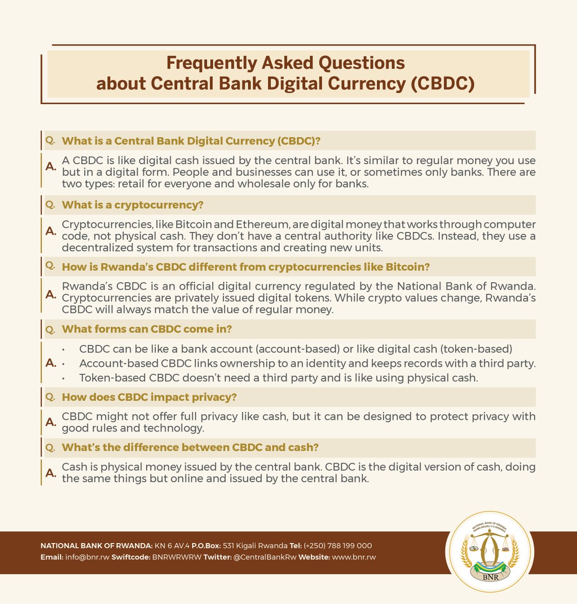 CentralBankRw's tweet photo. Ever wondered what a Central Bank Digital Currency (CBDC) is and how it will work in #Rwanda? 

Dive into our FAQs to get all your questions answered🌍💡

Your feedback drives our progress💭📝📈

#YourFeedbackMatters #BNREngage #RwandaCBDC #DigitalFuture #Innovation #Finance #KnowYourCentralBank #YourOpinionCounts