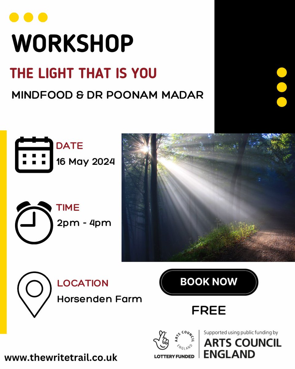DAY 4 of our schedule during #MentalHealthAwarenessWeek
See ⬇️ 

📅 16 May 2024
⏰  2pm - 4pm
📍 #HorsendenFarm 
🎫 Ticketed+free

@MindFoodCIO 
thewritetrail.co.uk 

#ACESupported #London #LetsCreate #CreativeHealth #MentalHealthWeek #writing #WritingCommunity #light #Health