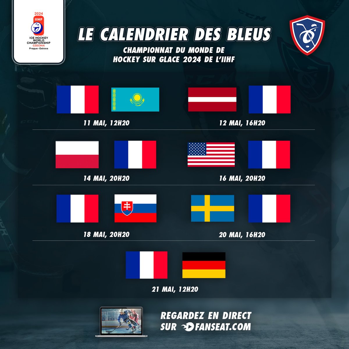 🏒🌍 Les Bleus commencent leur aventure face au Kazakhstan ce samedi, puis face à la Lettonie le lendemain.

Regardez tous les matchs du tournoi sur FANSEAT avec le pass tournoi, avec PPV, ou avec un abonnement !

<a href="/Hockey_FRA/">Équipes de France Hockey 🏒</a> #AllezLesBleus