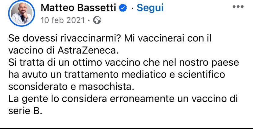Spiace per Bassetti che non può rivaccinarsi con AstraZeneca. Il vantaggio della rete è che niente va perso.