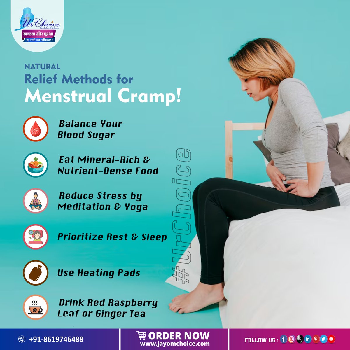 Say goodbye to period cramps! Discover natural relief methods to ease discomfort and regain control during your menstrual cycle. 
#urchoice #periodcramps #periodcrampsrelief #periodpain #PeriodPainRelief #PeriodProtection #comfort #Period #SanitaryPads #Menstruation #SanjuSamson