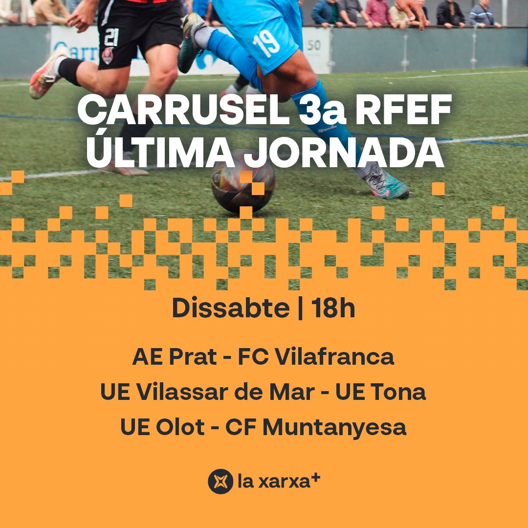 🔜 Dissabte a l’#EnjocTV (18h)... 🏆 Carrusel ÚLTIMA JORNADA de #TerceraRFEF! ⚽️ @aeprat1945 🆚 @FCVilafranca ⚽️ @UEVilassardeMar 🆚 @FundacioUETona ⚽️ @UEO1921 🆚 @Montanyesa1927 🎟️ L'últim bitllet per al play-off, en joc! 📺💻📱📡 A @laxarxames! #futbolcat