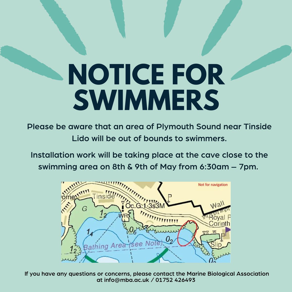 Notice for swimmers 🏊 Please be aware that an area of #PlymouthSound near #TinsideLido will be out of bounds to swimmers. Installation work will be taking place at the cave close to the swimming area on 8th & 9th of May from 6:30am – 7pm. ➡️buff.ly/3TzNVUf