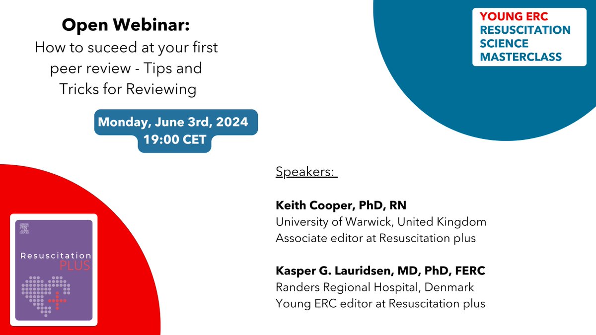 We are excited to announce the first open webinar of our Resuscitation Science Masterclass in partnership with Resuscitation Plus. You will have the opportunity to ask our experts any questions you might have about peer reviewing! Register for free: forms.gle/JrGpqikAkMbZU4…