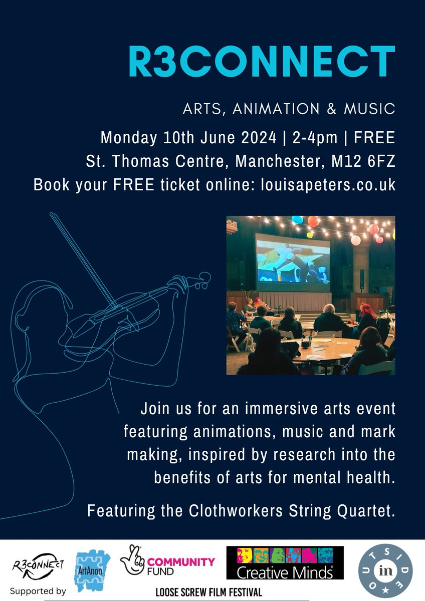 Last FREE R3connect event with animations, mark making & new music. From research on #communityarts & #mentalhealth
🗓 Mon 10 June
🕒 2pm
📍 @StThomasCentre
🎟 eventbrite.com/e/r3connect-ar…

Pls RT @CartwheelArts @outsidein_uk @ContactMcr @manc_collective @ILoveMCR @DrHelenKara