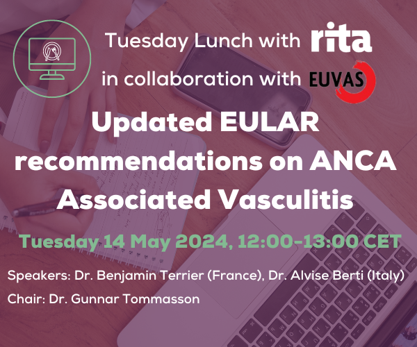 🤗May is Vasculitis Awareness Month! Join us for our second webinar organised in collaboration with EUVAS and listen to @TerrierBen and Alvise Berti present the latest @eular_org recommendations for ANCA Associated Vasculitis. ➡ Register now! bit.ly/4a9qypK