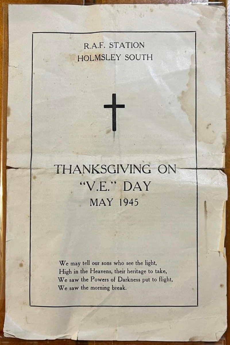 On this day 79 years ago, Victory in Europe. Here's the RAF Holmsley South chapel service from the day. We may tell our sons who see the light, High in the Heavens, their heritage to take, We saw the Powers of Darkness put to flight, We saw the morning break. #VEday