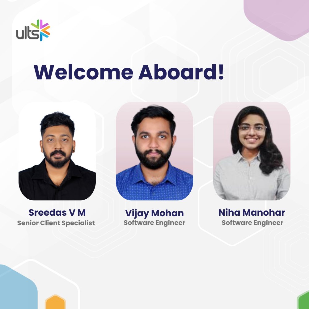 Say hello to our newest #ULites! We're thrilled to welcome Sreedas V M, Vijay Mohan, and Niha Manohar to our team. Here's to an incredible journey ahead at #ULTS! 🚀✨ Welcome aboard, folks!

#MeetOurTeam #WelcomeAboard #WelcomeToULTS #NewBeginnings
