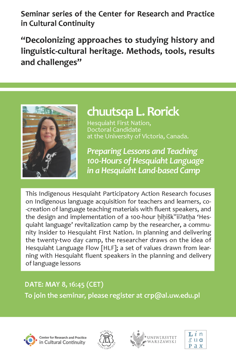 A guest speaker in our decolonial seminar today is @chuutsqa, a Hesquiaht First Nation researcher, teacher and activist who will share the experience of community-driven PAR oriented toward the reclamation of the Hesquiaht language. To join please register at crp@al.uw.edu.pl