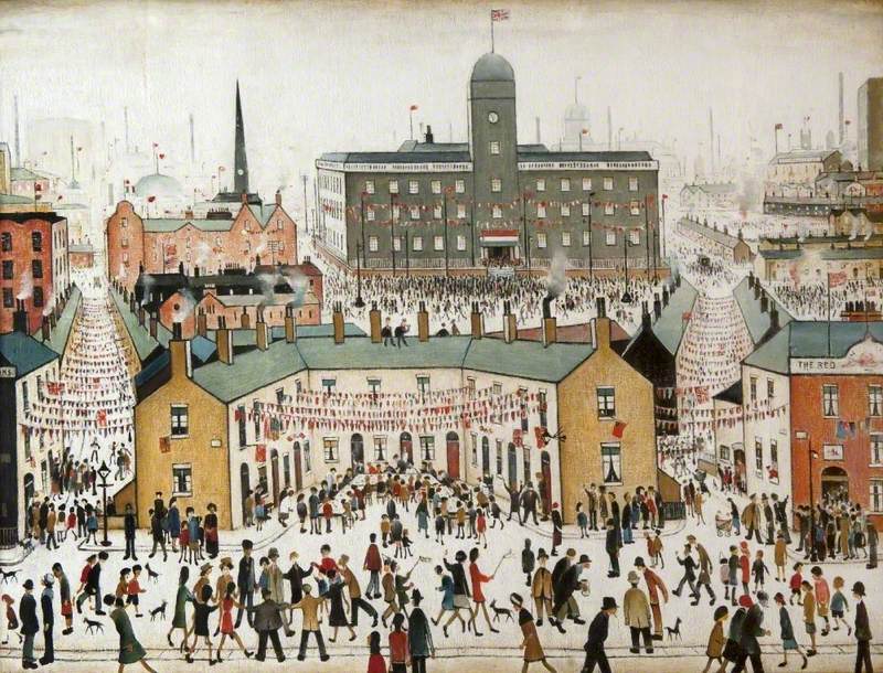 Millions around the world celebrated Victory in Europe 'VE Day' #OTD 1945, marking news of Nazi Germany’s surrender after nearly six years of war. Pic: VE Day, by L.S. Lowry (Kelvingrove Art Gallery and Museum).
