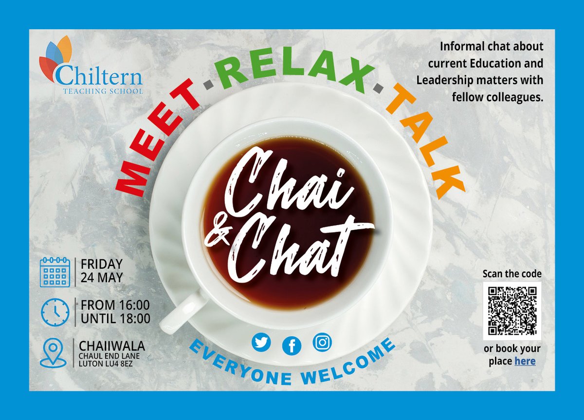 Join us for the next Chai and Chat! Discuss all things education: Research, Current Issues, and Future Challenges with colleagues and a drink. When: Friday 24th May Please use the QR code to book!