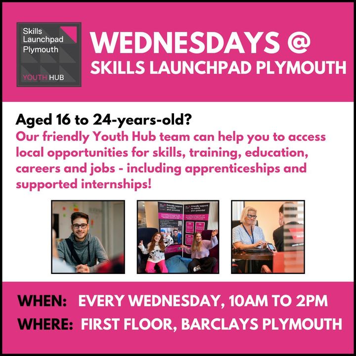 TODAY at Skills Launchpad Plymouth Our Youth Hub Coordinator Rhi, Hollie from the Prince's Trust and Youth Work Coach, Debbie will be offering face-to-face support for 16 to 24-year-olds. Want to book an appointment? Sign up here zurl.co/uAHy #Skills4Plymouth