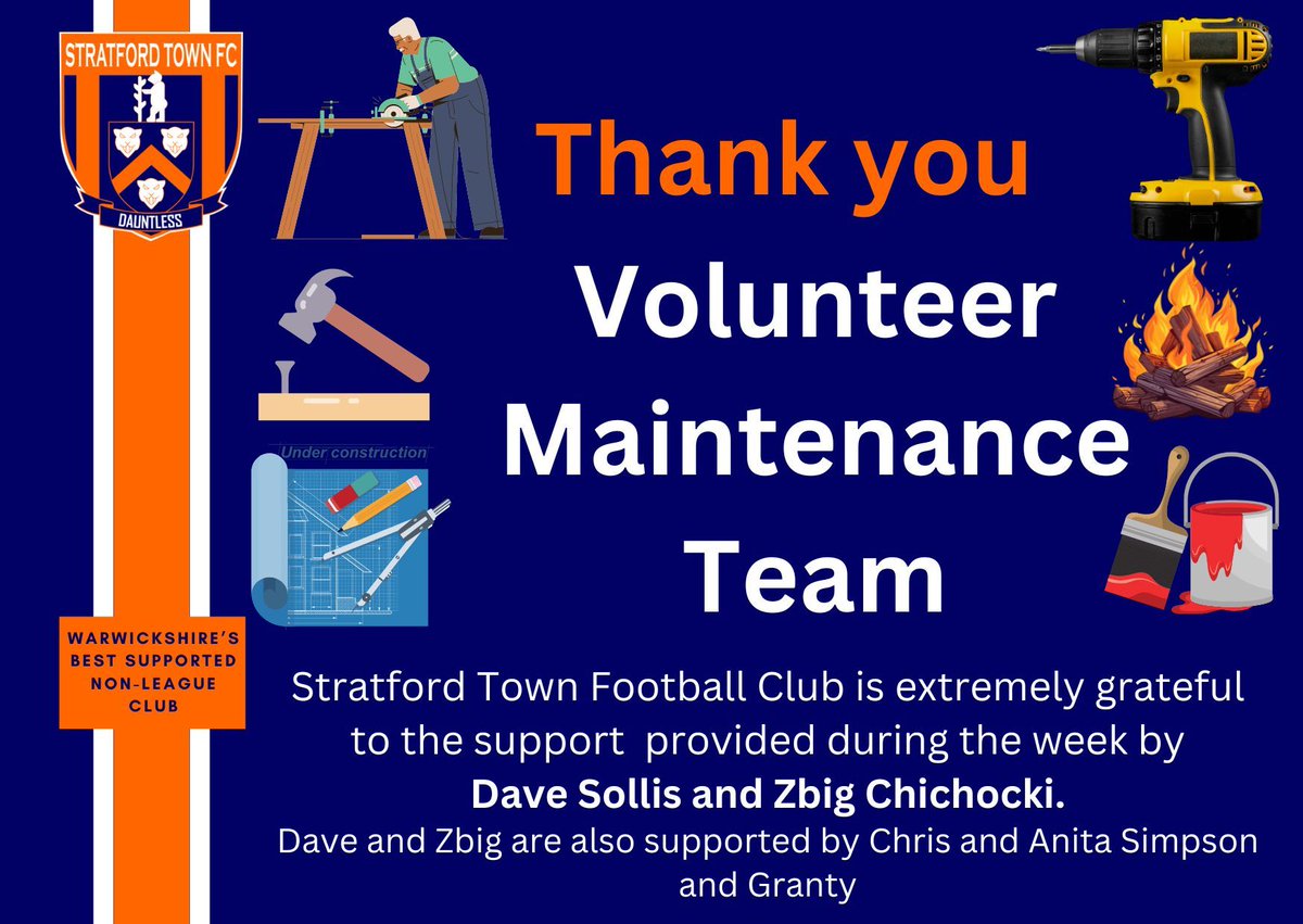 Stratford Town FC would like to thank Dave and Zbig for their endeavours. They can turn their hands to most things and lots of their activities can go unnoticed as they do everything they can to maintain a safe and pleasurable experience for visitors to the @ArdenGarages Stadium.