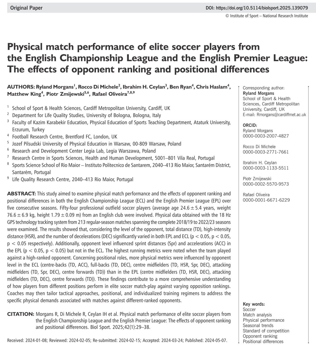 🚨👉Physical match performance and the effects of opponent ranking and positional differences in the English Championship League and the English Premier League over 5⃣ seasons ⚽️🏴󠁧󠁢󠁥󠁮󠁧󠁿 ✍️Ryland Morgans, Rocco Di Michele, Ibrahim H. Ceylan et al. 🔓#OpenAccess🔗termedia.pl/Physical-match…