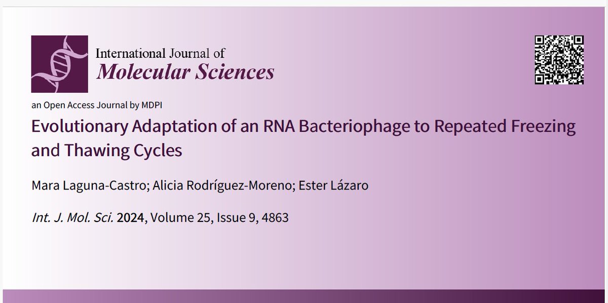 Our last article ' Evolutionary Adaptation of an RNA Bacteriophage to Repeated Freezing and Thawing Cycles' has just been published in @IJMS_MDPI. Congratulations @MaraLagunaC y Alicia Rodríguez Moreno!! mdpi.com/1422-0067/25/9…