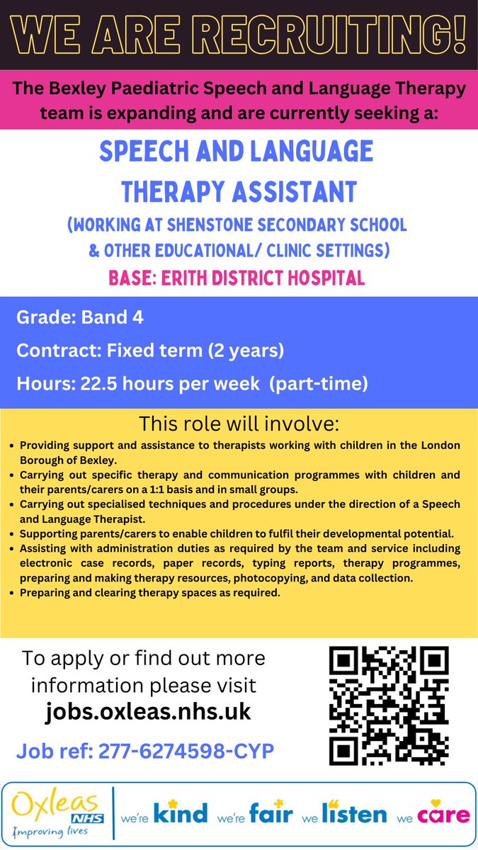 WE ARE RECRUITING!

A great Therapy Assistant opportunity working at Shenstone Secondary School & across the wider SLT Team.

To find out more and to apply please visit:
tinyurl.com/54ertz8

@SchoolShenstone
@OxleasNHS
#BexleyBrightIdeas #SLTjobs
#NHSJobs