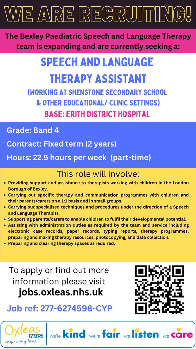Oxleas NHS CYP SLT (Bexley) (@bexleyslt) on Twitter photo WE ARE RECRUITING!
A great Therapy Assistant opportunity working at Shenstone Secondary School & across the wider SLT Team.
To find out more and to apply please visit:
tinyurl.com/54ertz8
<a href="/SchoolShenstone/">Shenstone School</a>
<a href="/OxleasNHS/">Oxleas NHS</a>
#BexleyBrightIdeas #SLTjobs
#NHSJobs WE ARE RECRUITING!
A great Therapy Assistant opportunity working at Shenstone Secondary School & across the wider SLT Team.
To find out more and to apply please visit:
tinyurl.com/54ertz8
<a href="/SchoolShenstone/">Shenstone School</a>
<a href="/OxleasNHS/">Oxleas NHS</a>
#BexleyBrightIdeas #SLTjobs
#NHSJobs