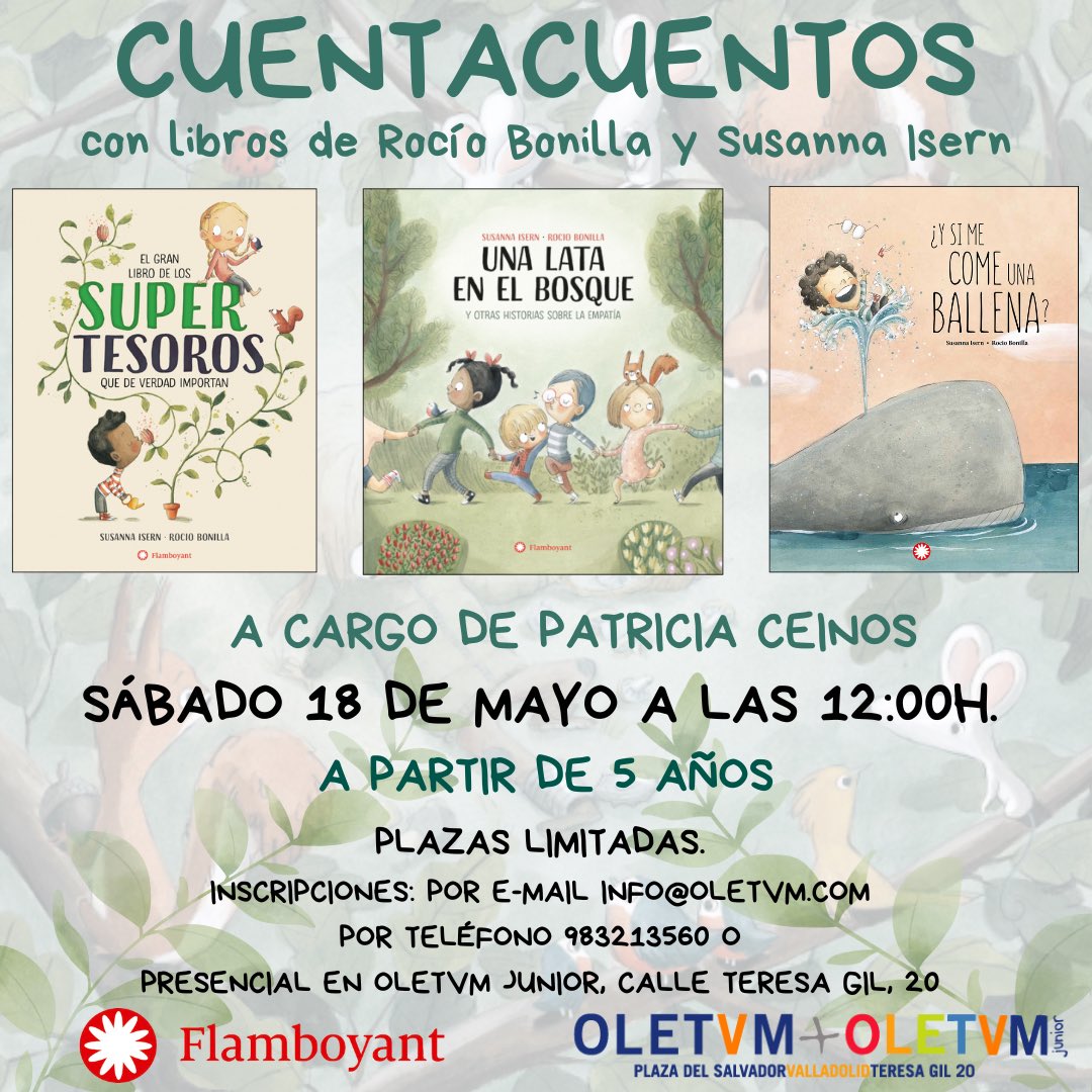 Ven a conocer los libros de Rocío Bonilla y @SusannaIsern en el Cuentacuentos a cargo de Patricia Ceinos, el sábado 18 de mayo a las 12:00h en Oletvm junior. Plazas limitadas. ¡Apúntate! @EdFlamboyant