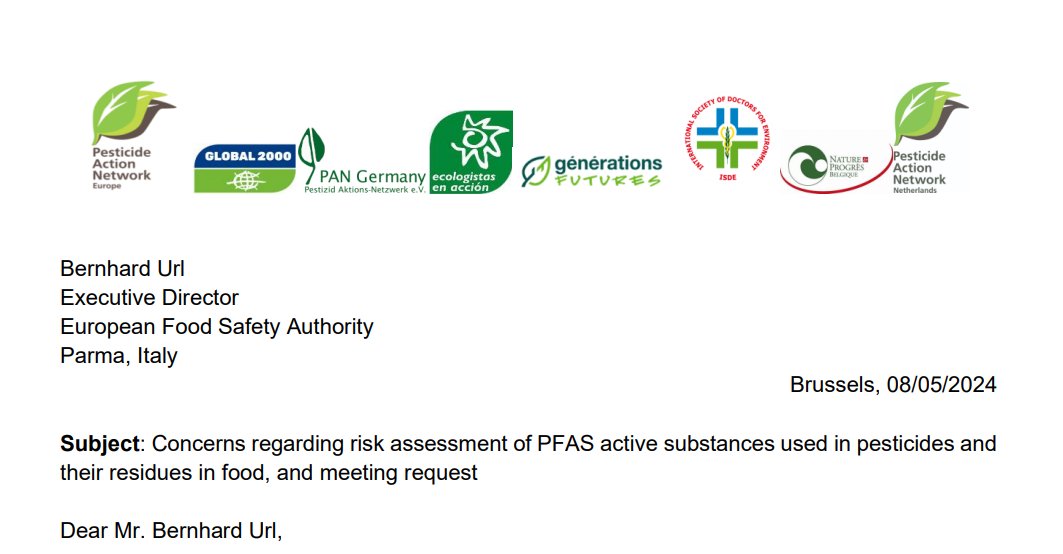 PAN Europe wrote to @EFSA_EU raising alarms on #PFAS #pesticide residues in food and water. Urging them to improve their toxicity assessment & that of their metabolites, in particular #TFA. 
#BanPFAS
pan-europe.info/resources/lett…