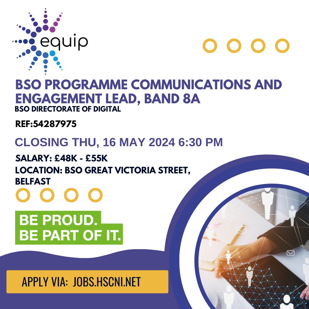 @BSO_NI Programme Communications and Engagement Lead, Band 8A Location: BSO Great Victoria Street, Belfast Salary: £48k - £55k Closing Date: Thu, 16 May 2024 @ 6:30 PM For more information and to apply: jobs.hscni.net/Job/34738/bsop… #BSO #hscjobs #equip #communications #Belfast