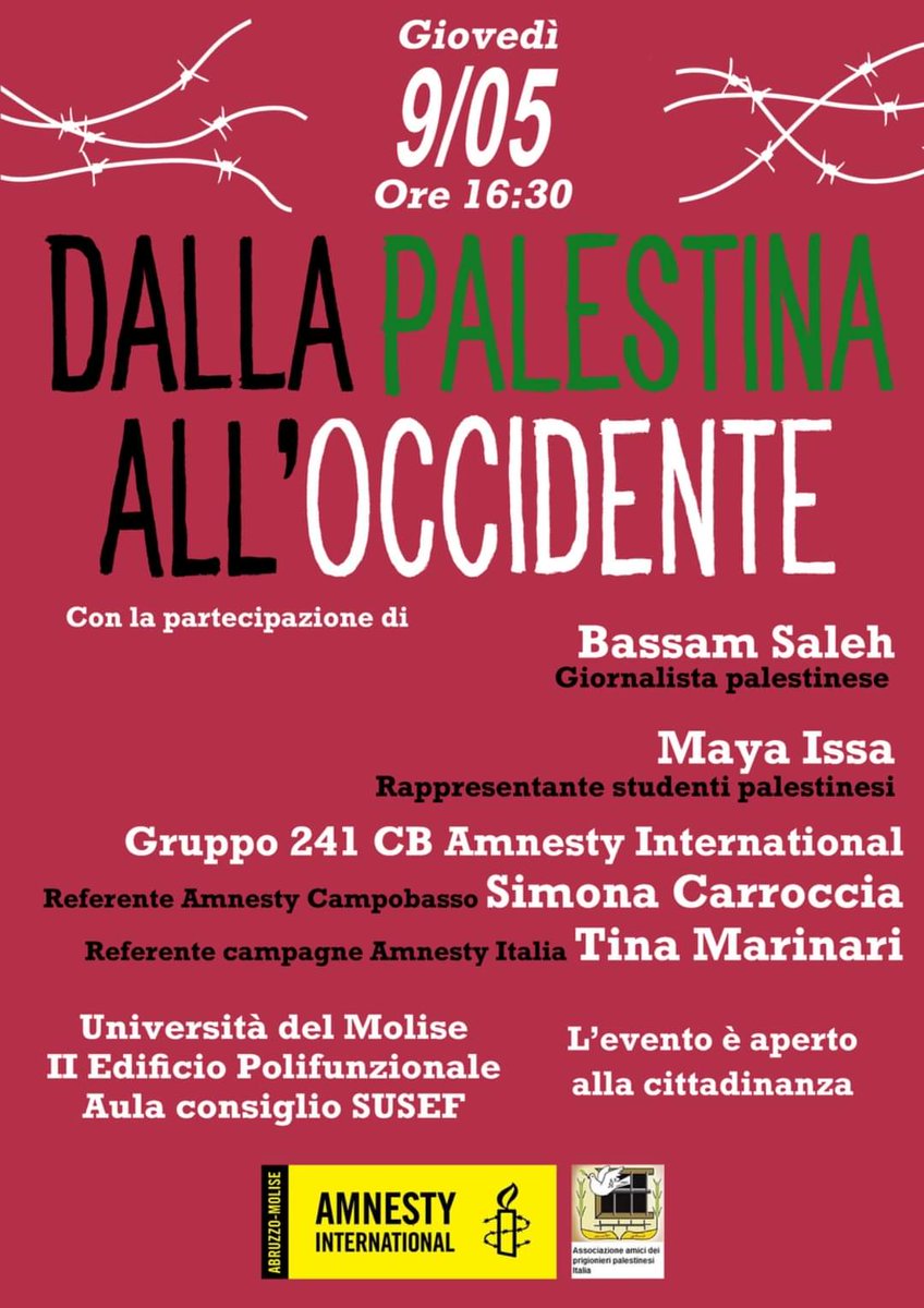 Giovedì 9 maggio alle 16.30 a #Campobasso l'incontro 'Dalla Palestina all'occidente. Partecipa anche @TinaMarinari.