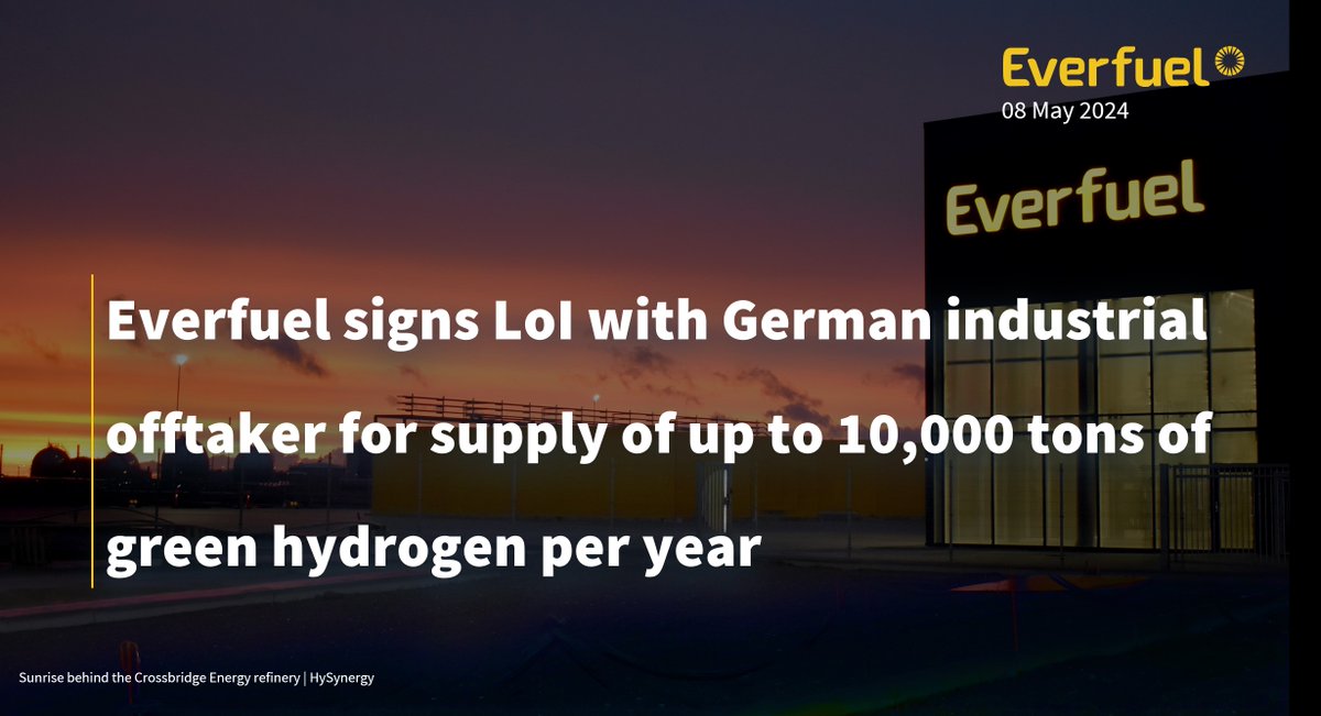 Everfuel is thrilled to announce a Letter of Intent with a German industrial partner for an annual supply of up to 10,000 tons of green hydrogen per year🌿🇩🇰🇩🇪 news.cision.com/everfuel-a-s/r…