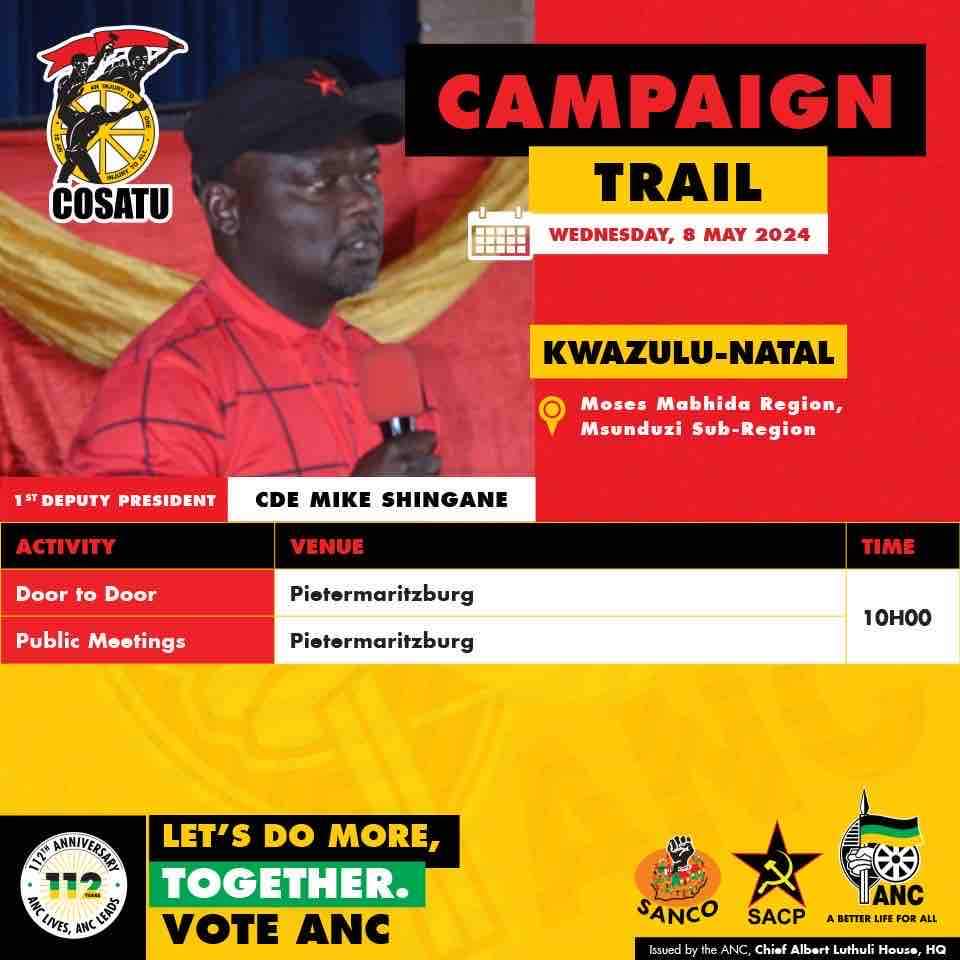 The leadership of COSATU will be joining us in our campaign programme in KwaZulu Natal. The 1st Deputy President of #COSATU, Cde Mike Shingane will embark on the campaign trail today in the Moses Mabhida Region. #VoteANC2024 #LetsDoMoreTogether @MYANC @SACP1921 @ewnreporter