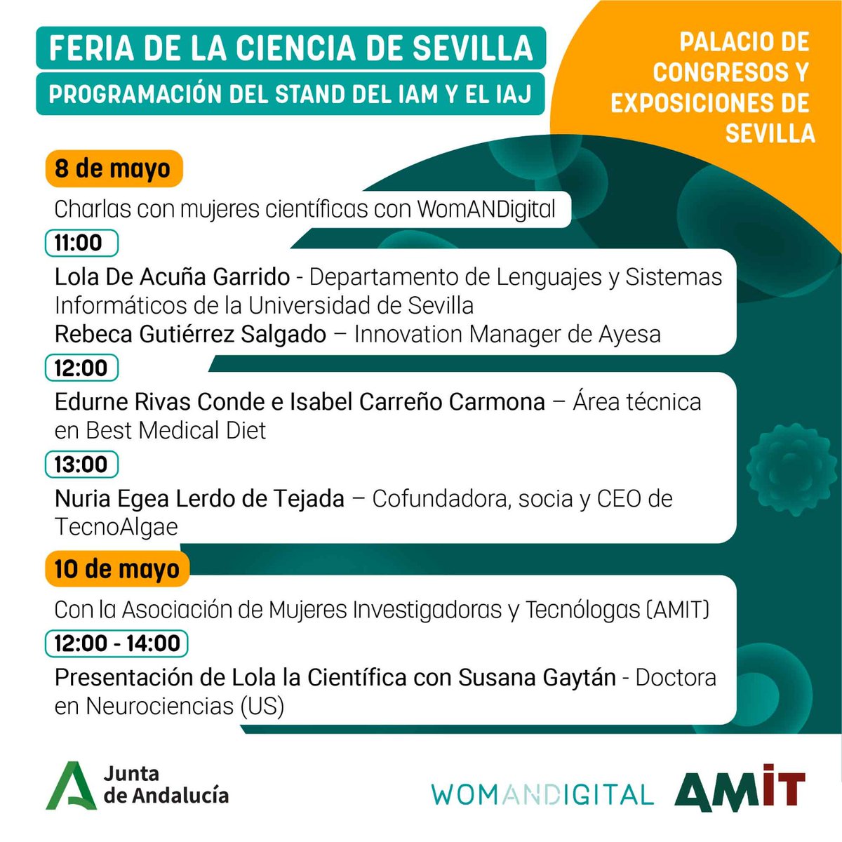 🔬👩‍🔬 ¡No te pierdas nuestras charlas con mujeres científicas en la Feria de la Ciencia de Sevilla! 🗓️ Del 8 al 10 de mayo 📍@fibesevilla ¡Te esperamos en el stand del #IAM y el @IAJuventud! #MujeresEnCiencia
