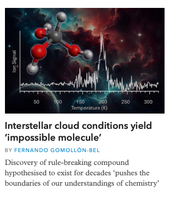 Here's my latest story for @chemistryworld, on @uhmanoa chemists making methanetriol, an 'impossible molecule' that's extremely unstable under ambient conditions (but could exist in the upper atmosphere and outer space) 🪐🚀 More: chemistryworld.com/news/interstel… @J_A_C_S @ACSPublications