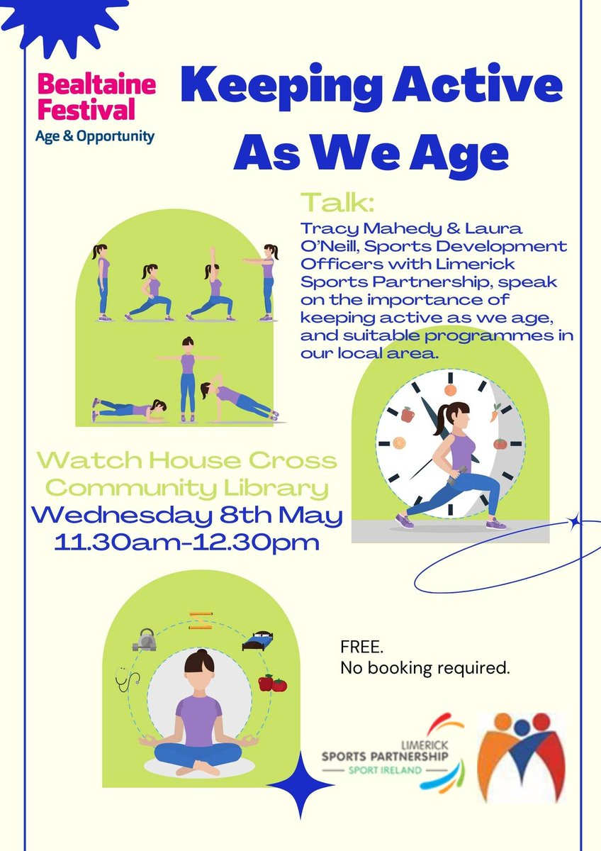 Join us this morning in #WatchHouseCrossLibrary as we celebrate #Bealtaine with @Limericksports who will be telling us about the importance of keeping active as we age. All are welcome 🤗 #LimerickLibraries #BealtaineFestival #keepingactive @BealtaineFest