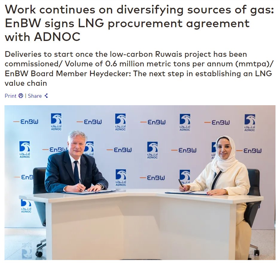 Germany secures more LNG amid wider energy security push 🇩🇪🤝🇦🇪 🚢 EnBW will buy 0.6 million tons/year from Adnoc's upcoming Ruwais export project for 15 years 🏃 Europe is increasingly turning to LNG to replace Russian pipeline gas, with companies signing more long-term deals