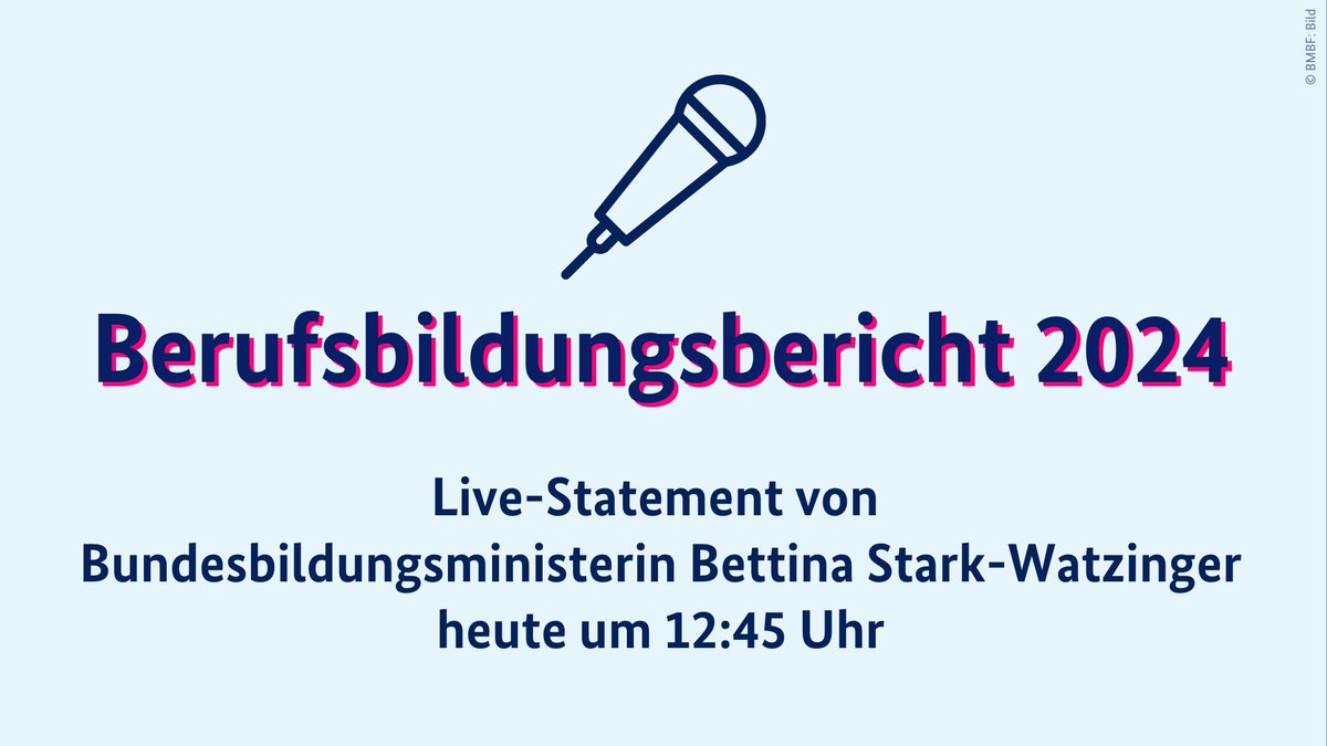 Der #Berufsbildungsbericht 2024 ist da! Bundesbildungsministerin @starkwatzinger gibt dazu heute ein Live-Statement: ⏰ 12:45 Uhr 🌐 auf bmbf.de/livestream und hier auf X.