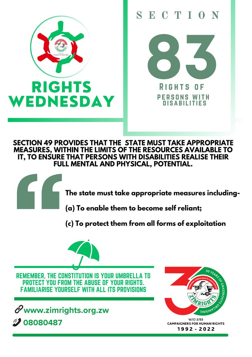 ZimRightsLIVE's tweet photo. Today on #RightsWednesday, we reflect on Section 83 of the Zimbabwe Constitution: Rights of Persons with Disabilities.

This section guarantees protection against exploitation and ensures access to medical care, education, and the means to live independently.

🗣️ Special Notice: The public is invited to participate in the public hearings from May 13-17, 2024. This is a critical public consultation on the Persons with Disabilities Bill. Your input is essential in shaping an inclusive future for Zimbabwe.

Stay tuned as we share the specific times and locations for these hearings. Let’s unite for change!

#PublicHearing #PWDs #Inclusivity #Zimbabwe #RightsWednesday