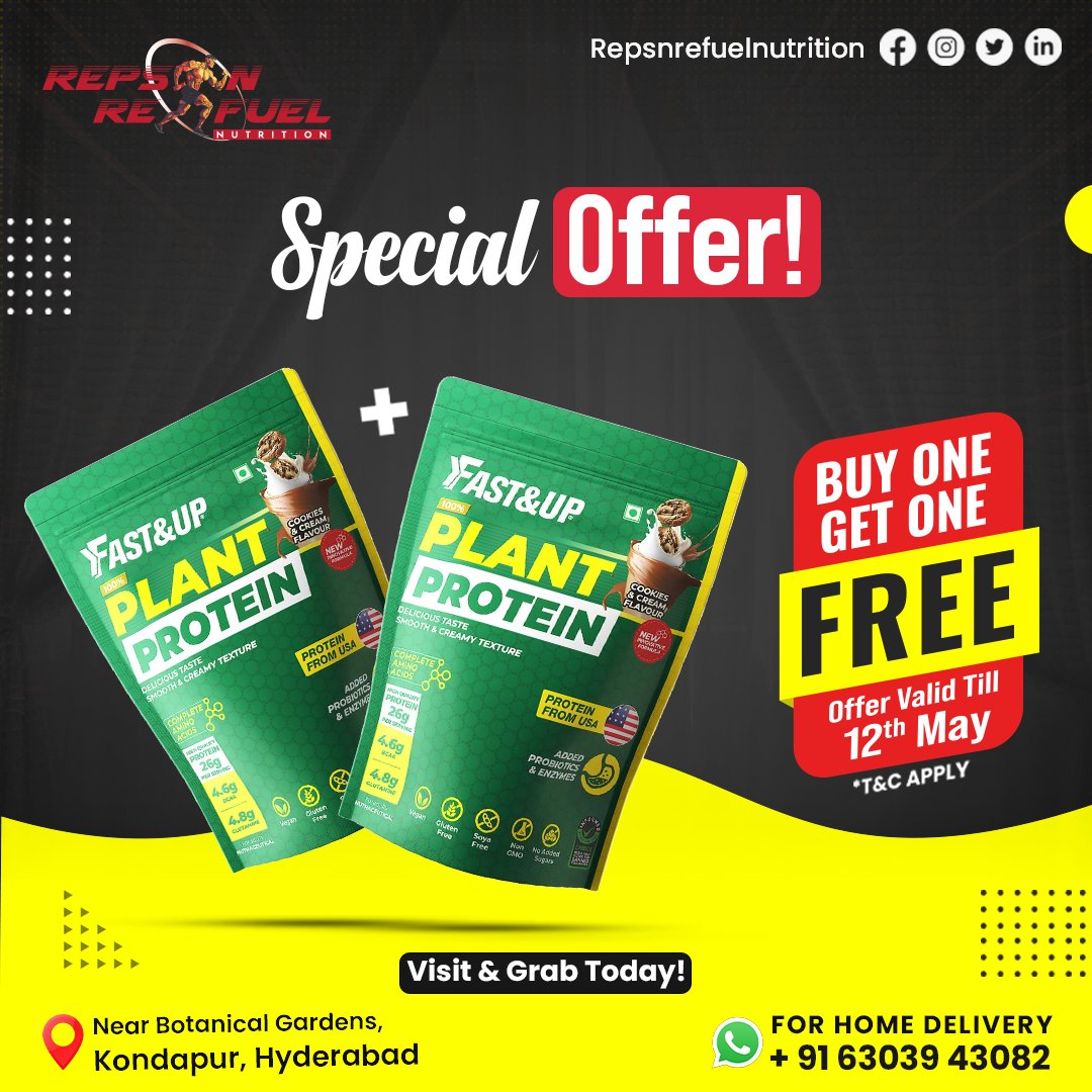 Buy 1, Get 1 FREE on Fast & Up Plant Protein 1kg! 
Terms & Conditions Applied !!
visit our store today!!

#SpecialOffer #Buy1Get1 #FastAndUp #PlantProtein #LimitedTimeOffer #RepsnRefuel #nutritionstore #hyderabad #jublieehills #kondapur