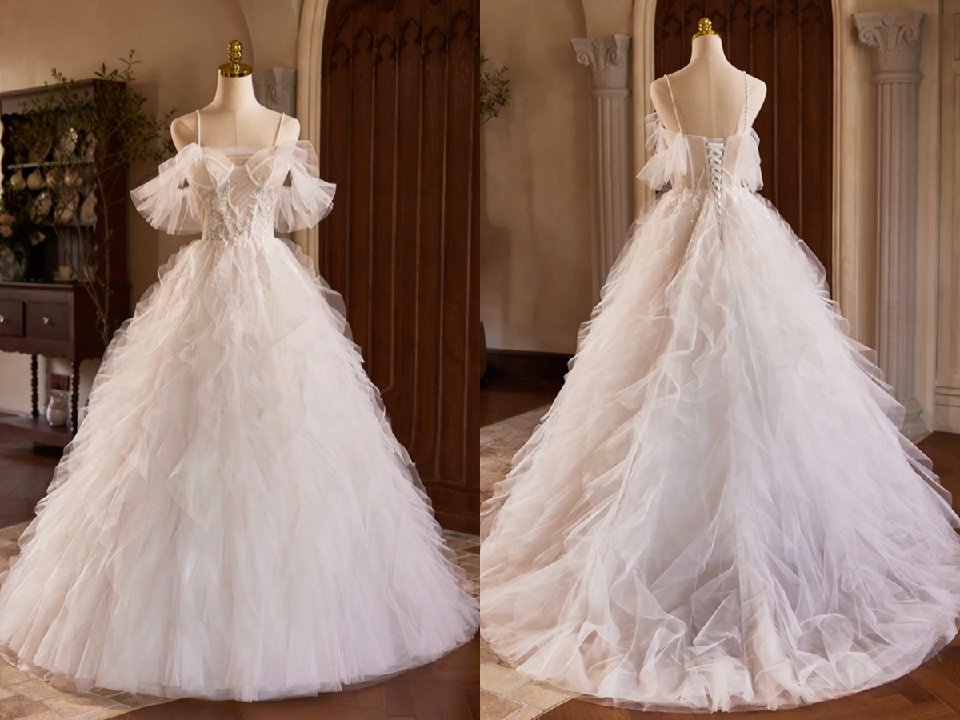 A Line Tulle Layers Long Prom Dress, Ivory Spaghetti Strap Sweet 16 Dress Evening Dress