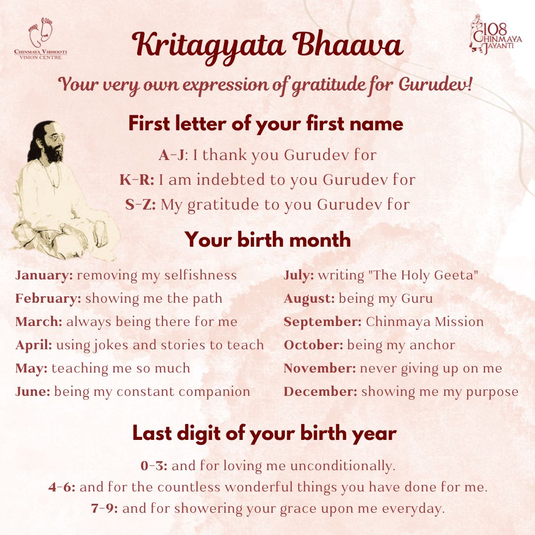 Looking at the three sections, discover your very own statement of love and gratitude…

#ChinmayaMission #SwamiChinmayananda #Gurudev #Chinmaya108 #ChinmayaJayanti #Visionary #Guru #ChinmayaVibhooti