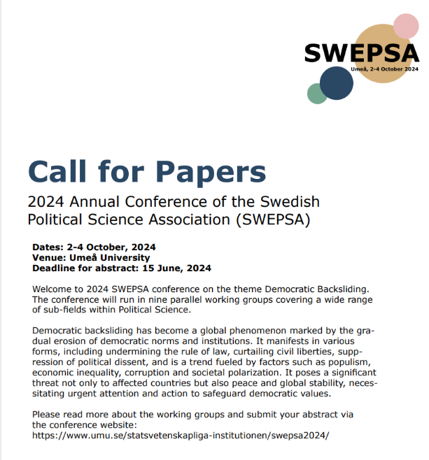 Politics and gender scholars in Sweden! In October, the SWEPSA conference is organized in Umeå. I will coordinate the politics and gender working group and hope that you will join me! Nice workshop format with extensive time for discussion, will be fun 😀 umu.se/statsvetenskap…