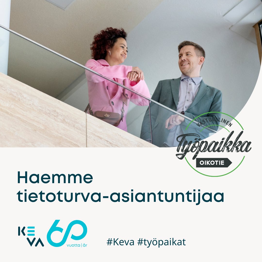 Vielä hetki aikaa hakea!📢Keva on jatkuvasti uudistuva IT-talo. Tietoturva-asiantuntijan tehtävässä vastaat käyttövaltuushallinnasta ja pääset heti mukaan toteuttamaan tärkeää uudistusprojektia. Tule innostavaan porukkaamme!
📲 keva.fi/uutiset-ja-art…

#työpaikat #ICT #tietoturva