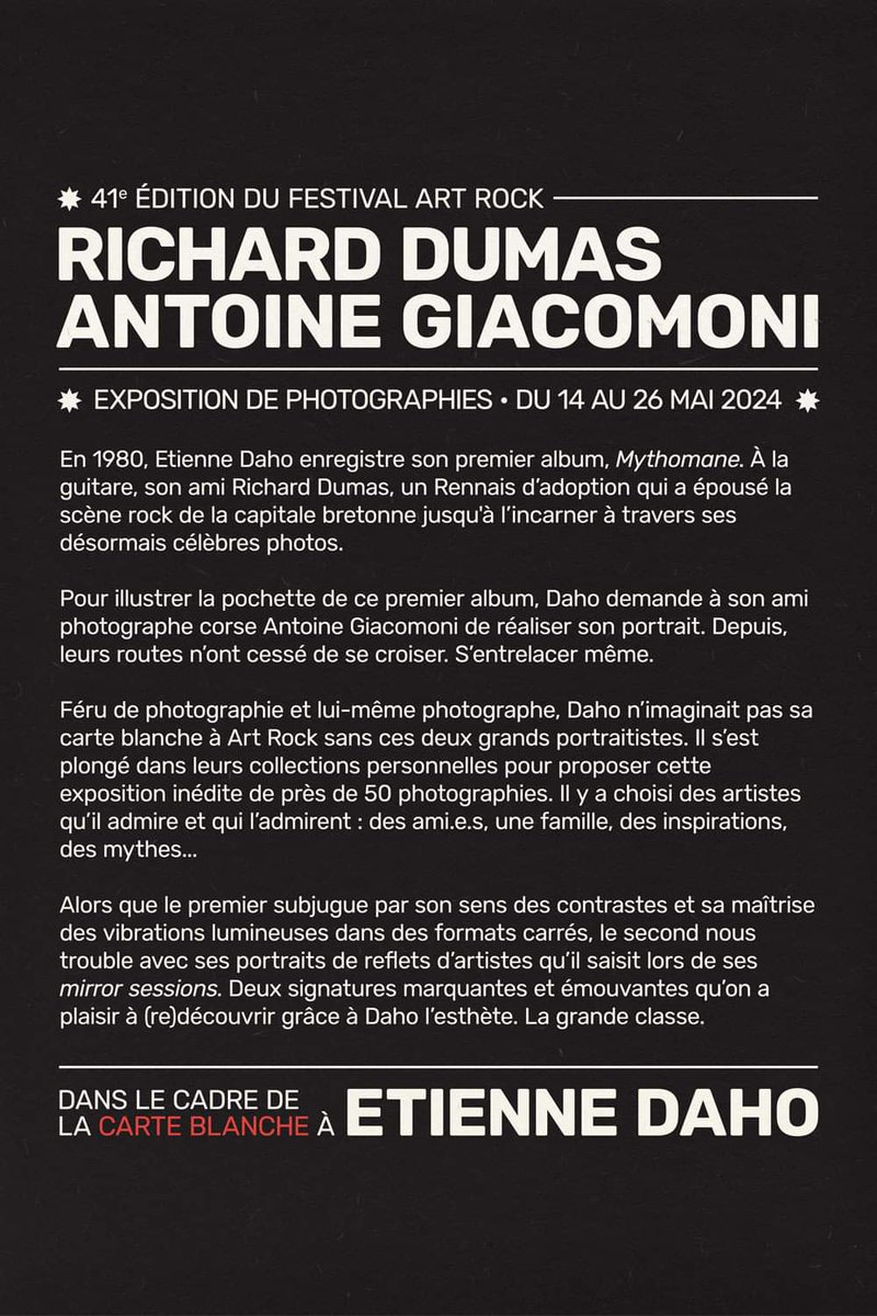 Festival Art Rock ♠️ Saint-Brieuc Carte blanche à Etienne Daho ▪️Antoine Giacomoni ▪️Richard Dumas Exposition de photographies 14/26 mai 2024