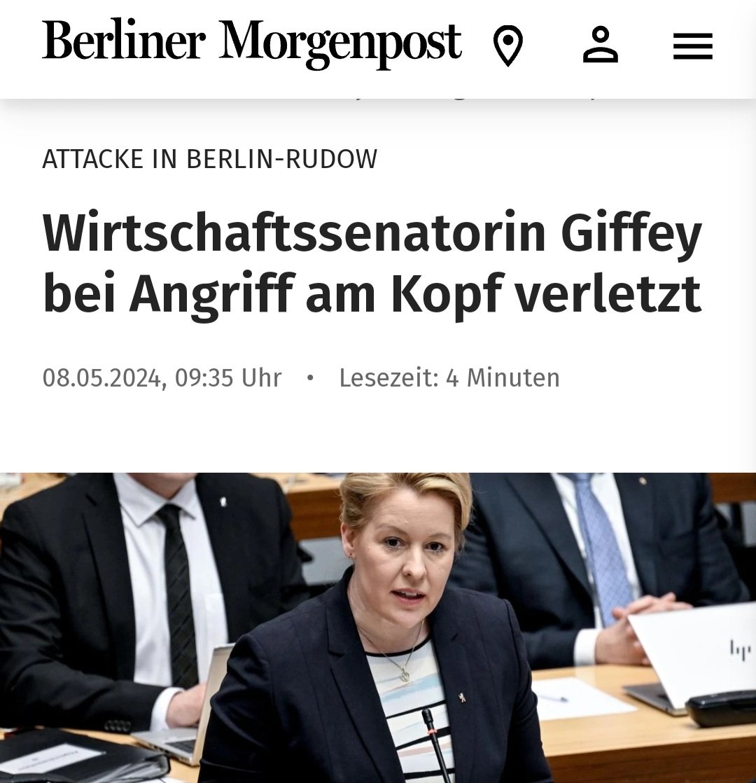 Bei einem tätlichen Angriff in Berlin wurde Wirtschaftssenatorin Franziska #Giffey am Kopf verletzt.
Solche Attacken sind widerwärtig!
Auch wenn ich Sie nicht mag, wünsche ich Frau Giffey gute Besserung.
Aber vielleicht sollten sich die Politiker so langsam auch mal fragen, warum…