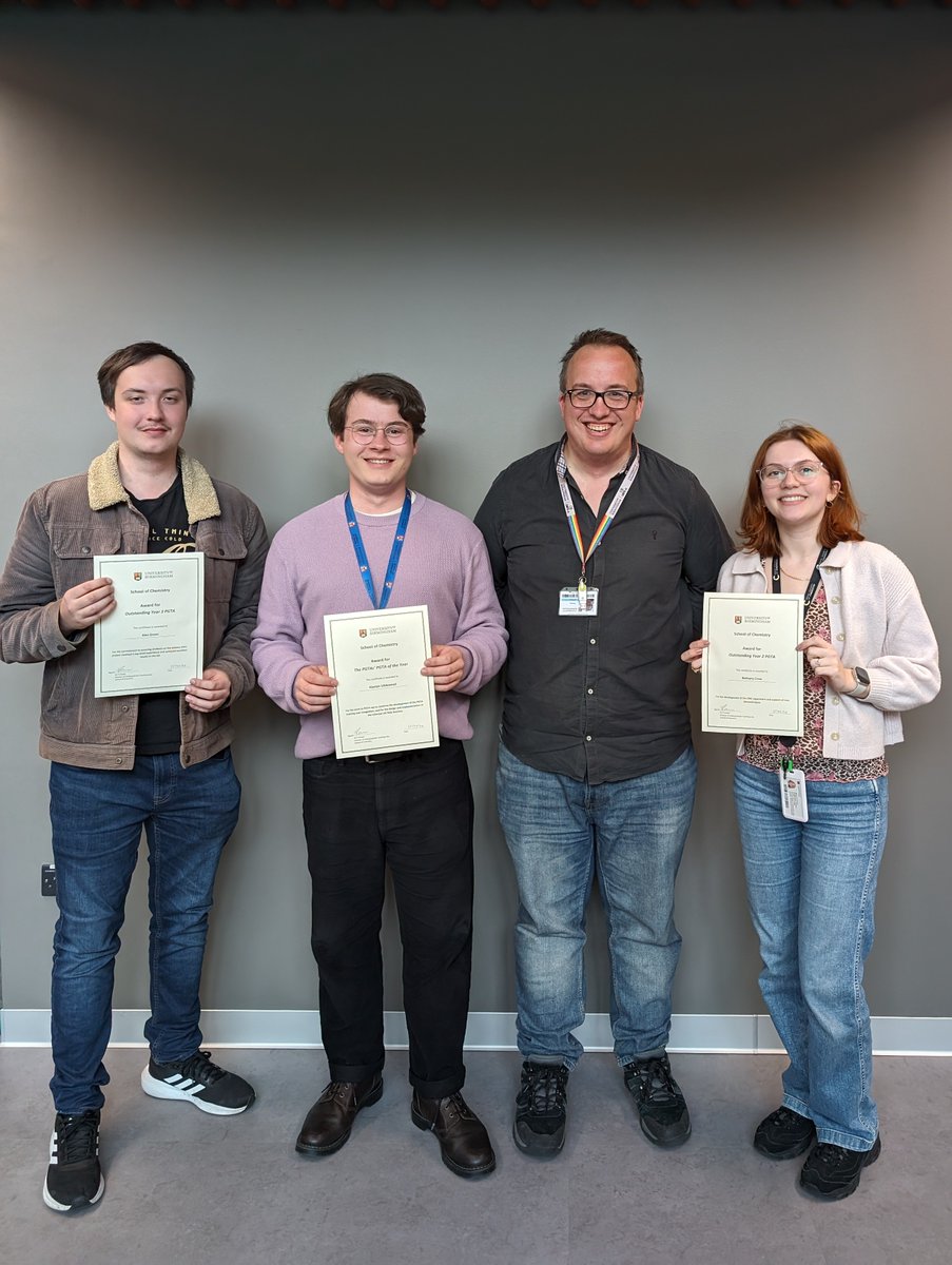 @UoBChemistry held PGTA awards to celebrate PGs contribution to teaching. Winners ; Outstanding Yr 1 PGTA - Amie Troath, Outstanding Yr 2 PGTA - Bethany Crow, Outstanding Yr 3 PGTA - Alex Green, PGTA of the Yr - Alastair Littlewood & Director of Labs PGTA of the Yr - Georgia Rowe