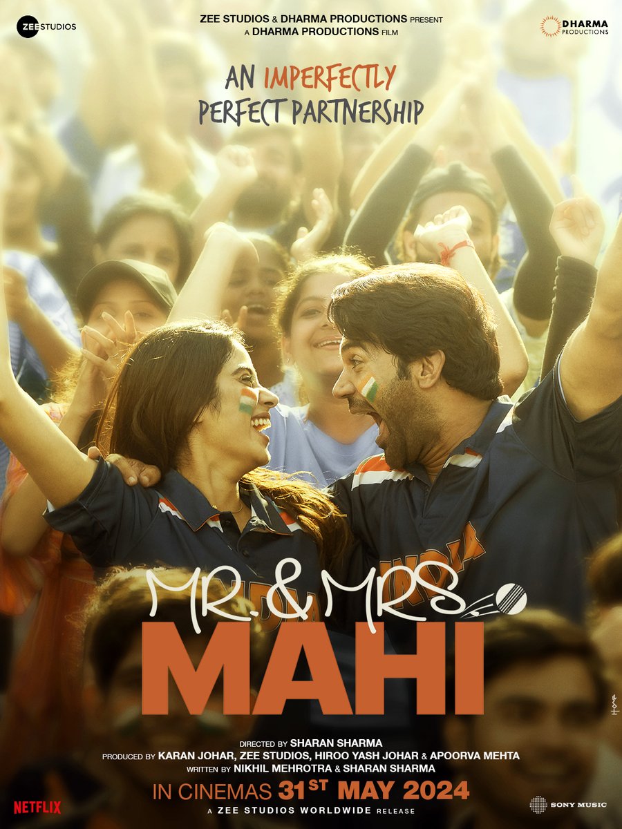 This imperfectly perfect partnership is all geared up to take the field!🏏 #MrAndMrsMahi in cinemas on 31st May, 2024. #KaranJohar @apoorvamehta18 @RajkummarRao #JanhviKapoor #SharanSharma #NikhilMehrotra @somenmishra0 @DharmaMovies @ZeeStudios_ @sonymusicindia