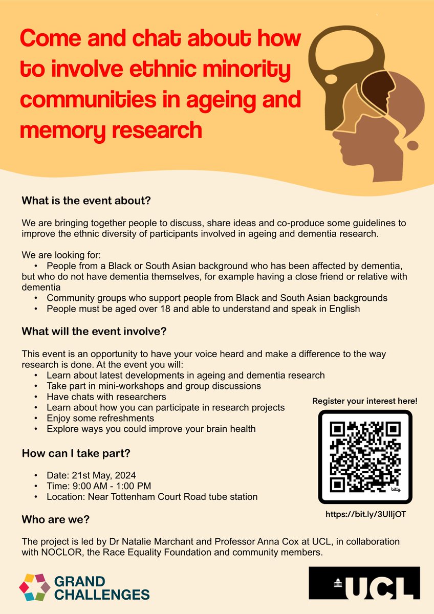 Join @ucl for a crucial workshop focusing on inclusive participant recruitment in ageing and dementia research.

Register your interest here: bit.ly/3UlljOT