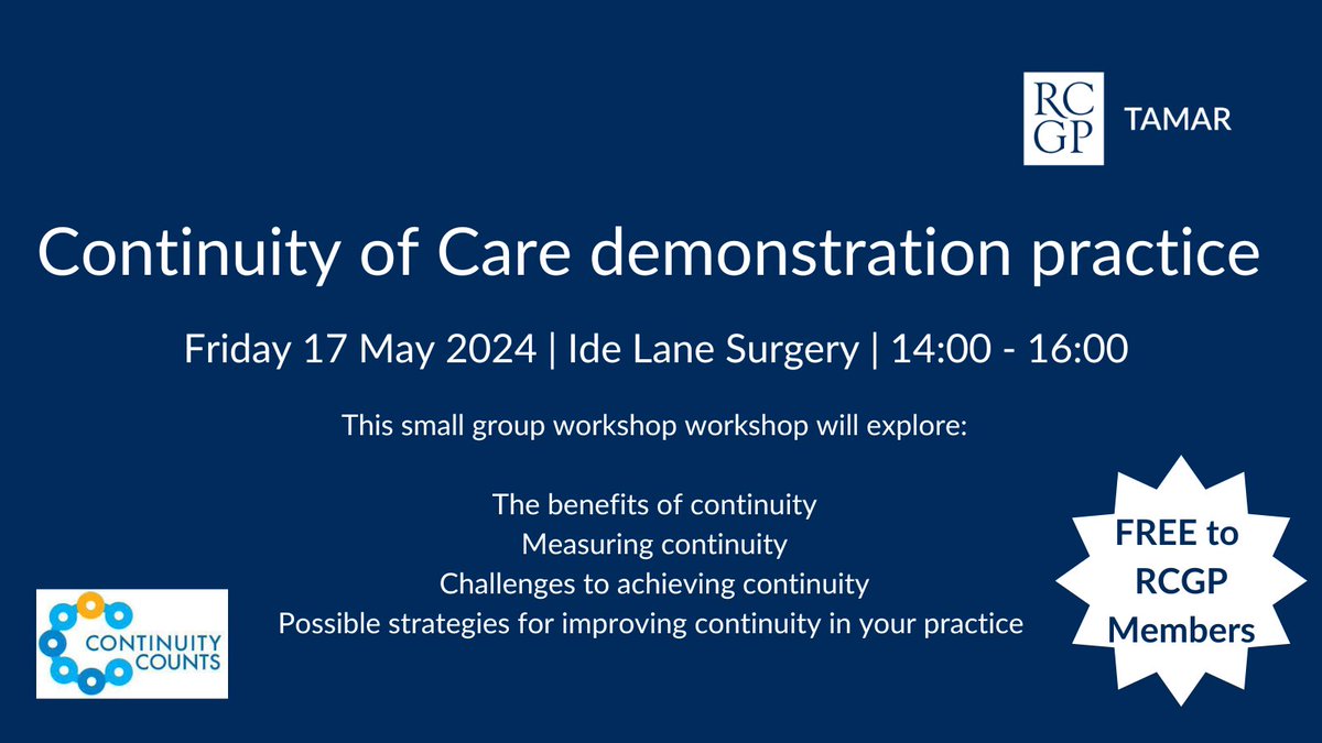 Come and talk about #continuityofcare in our informal workshop, small group, local practice, register online tinyurl.com/wf6hv4v7