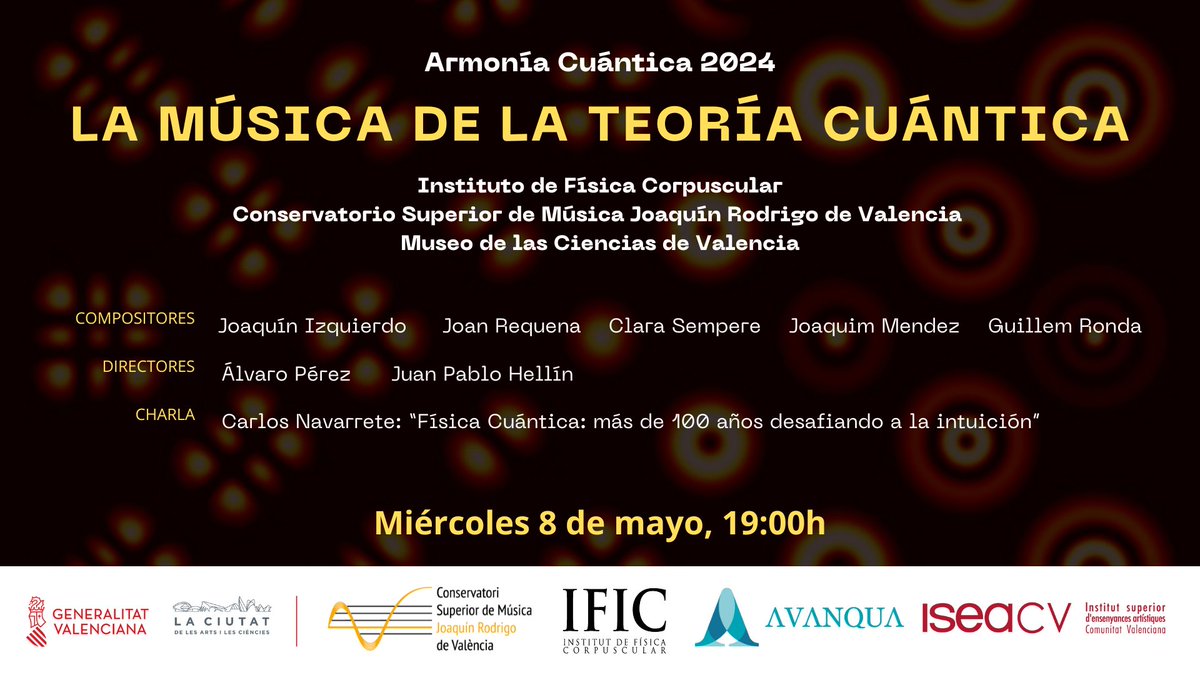 Hoy los alumnos del @csmvalencia ofrecen en el #MuseudelesCiències el concierto #ArmoníaCuántica, piezas inspiradas en los fundamentos de la teoría cuántica, en colaboración con @IFICorpuscular

▶️También puedes seguirlo en directo: 
youtube.com/watch?v=7NNFjL…

⌚️19h
🆓Libre acceso