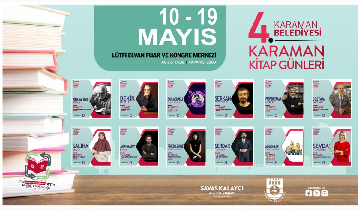 📣Karaman Belediyesi tarafından 10-19 Mayıs tarihlerinde, Lütfi Elvan Fuar ve Kongre Merkezi’nde📍gerçekleştirilecek olan Karaman Kitap Günleri,📚yine yayınevlerinin kitaplarını ve birbirinden değerli şair ile  yazarları ağırlıyor. 
👉4. KİTAP GÜNLERİNE TÜM HALKIMIZI BEKLİYORUZ❗️
