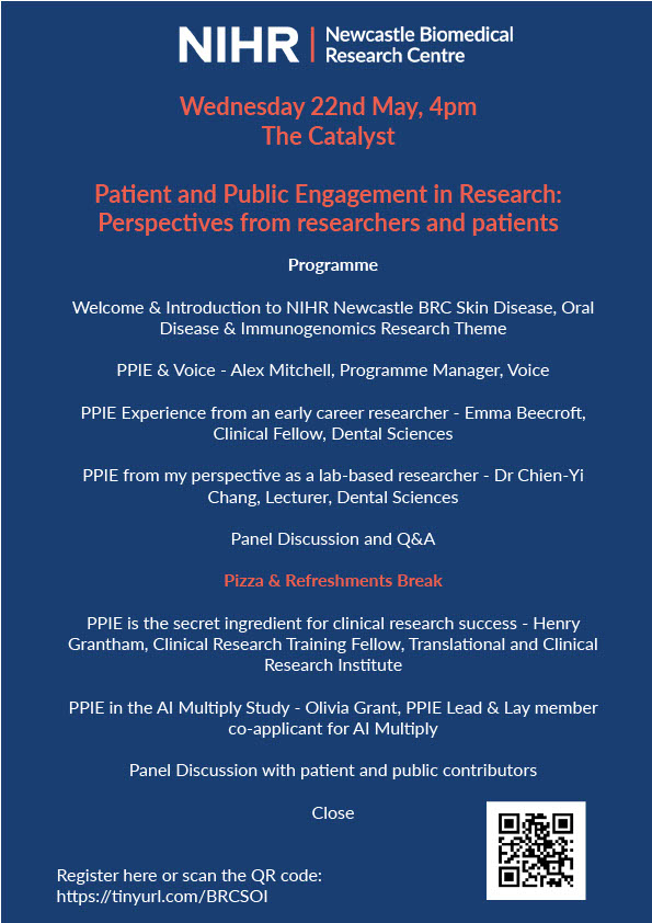 New Event! How can we improve inclusion of the patient voice in the shaping of research? Patient and Public Engagement in Research: Perspectives from researchers and patients.

22nd May, 16:00-18:45, The Catalyst, Newcastle Helix. Book Now! tinyurl.com/BRCSOI
<a href="/NIHRNewcBRC/">NIHR Newcastle BRC</a>